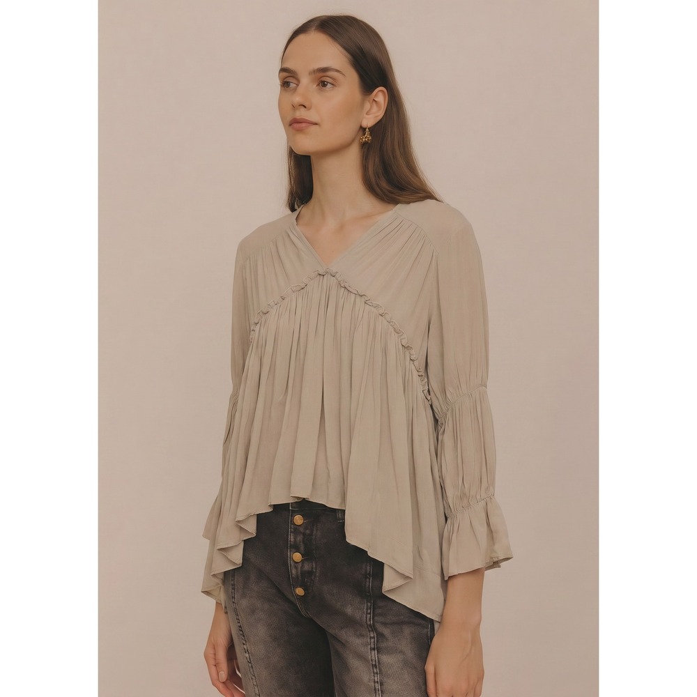 Everleigh Taupe Grey V-Neck High-Low Peplum Ruffle Tunic Top Boho Earthy